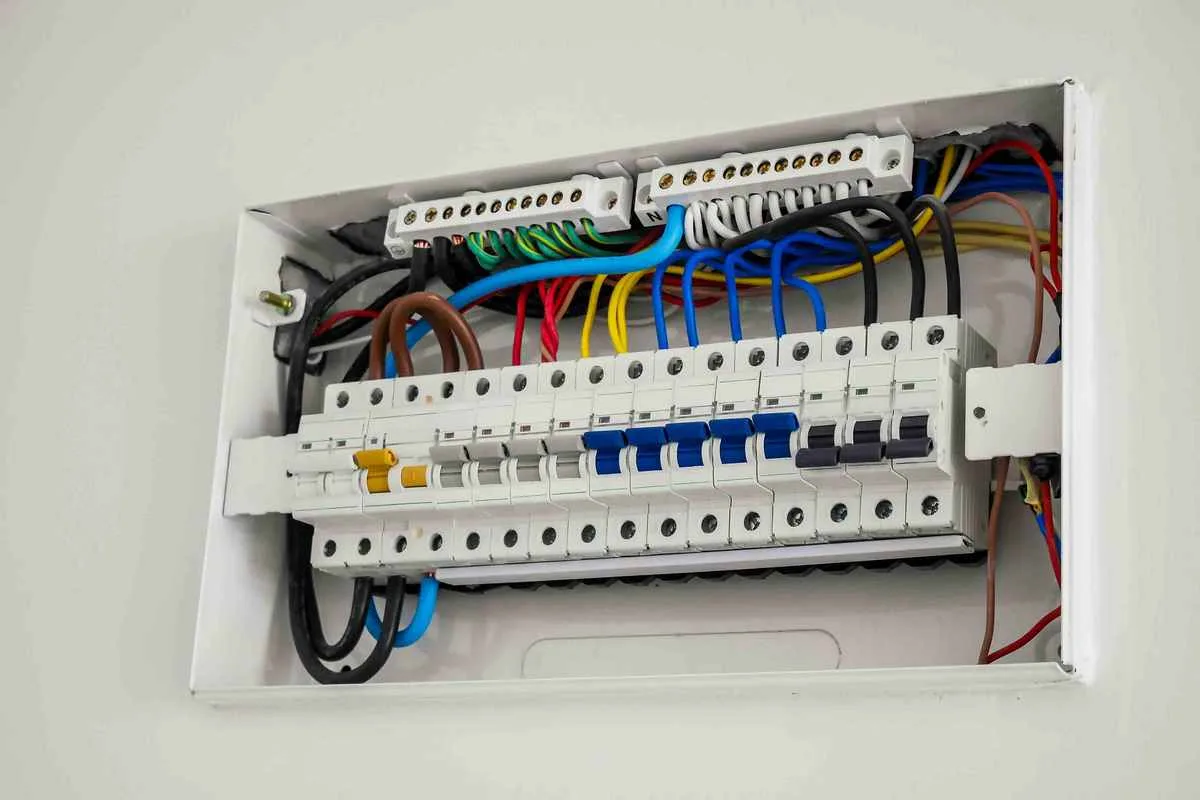 A consumer unit with its cover off, showing a row of circuit breakers and RCBOs on a DIN rail above neatly dressed wiring.